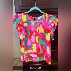 First Love Women's Colorful Ruffle Sleeve Top